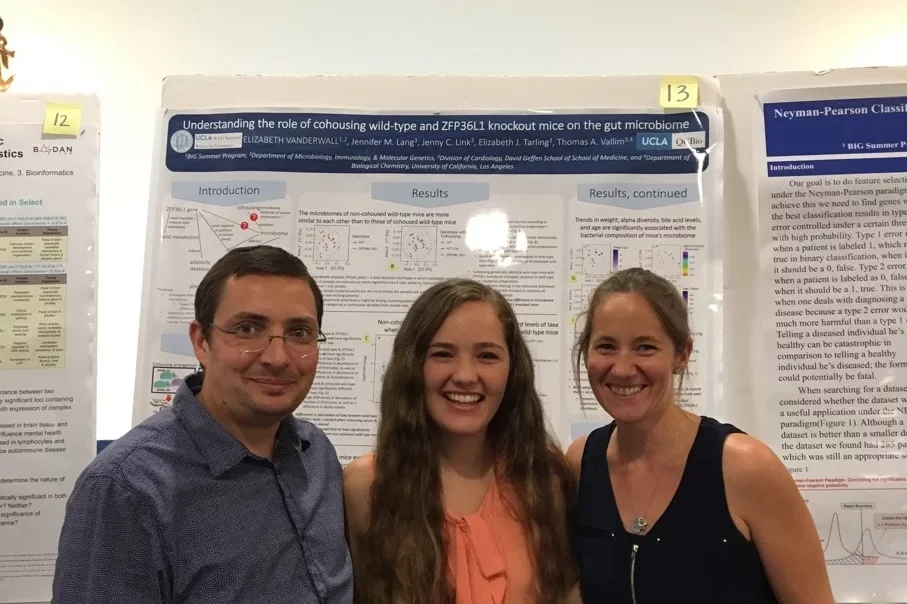 Group standing by poster presentations at research day