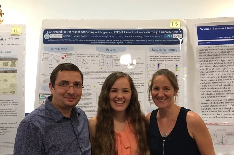 Group standing by poster presentations at research day
