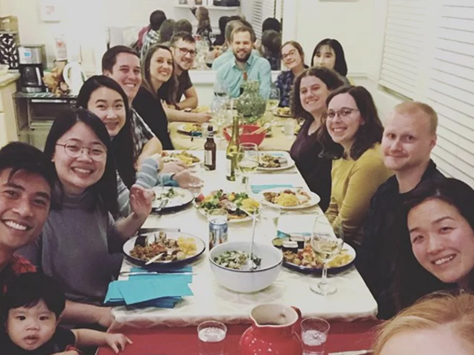 The lab celebrating Thanskgiving during their annual Friendsgiving meal!