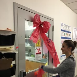 Pauline cutting the ribbon at the grand opening of the Tissue Culture suite